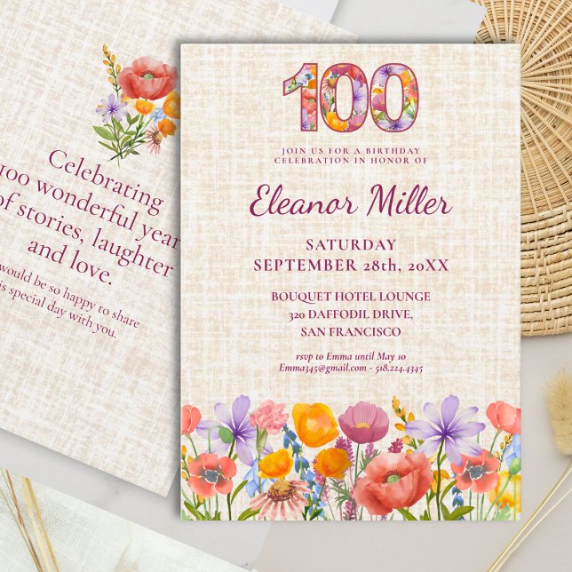 Wildflower 100th Birthday Party - Floral Number Invitation (Creator Uploaded)