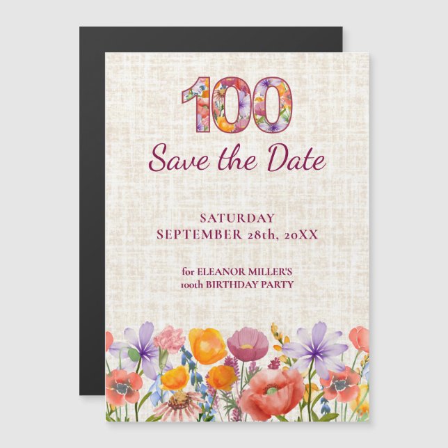 Wildflower 100th Birthday Save the Date Magnetic Invitation (Front/Back)