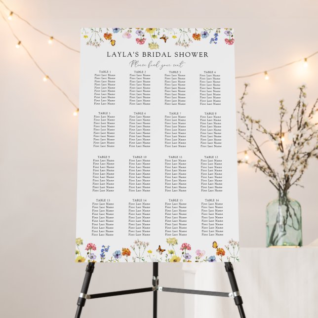 Wildflower 16 Table Bridal Shower Seating Chart Foam Board (In Situ (Stand))