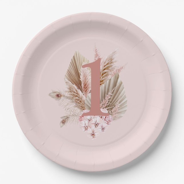 Wildflower 1st Birthday Girl Pink Paper Plates (Front)