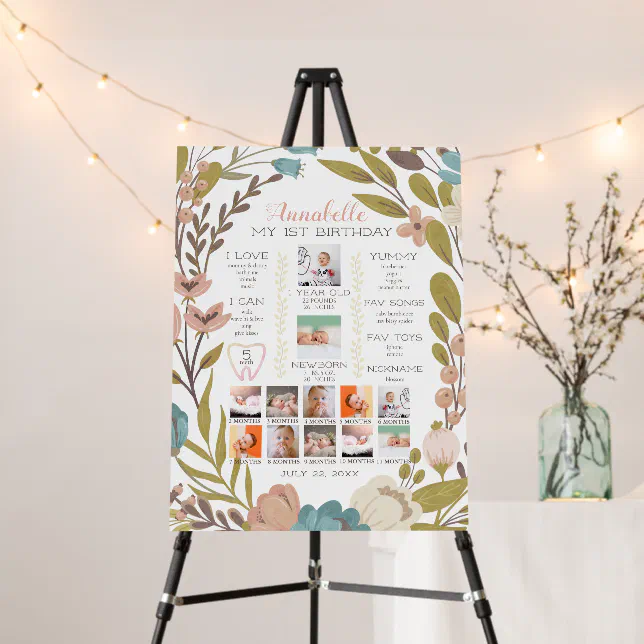 Wildflower 1st Birthday Milestone 12 Month Photo Foam Board | Zazzle