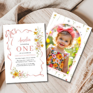 Wildflower 1st Birthday Photo Pink Coquette Bow  Invitation