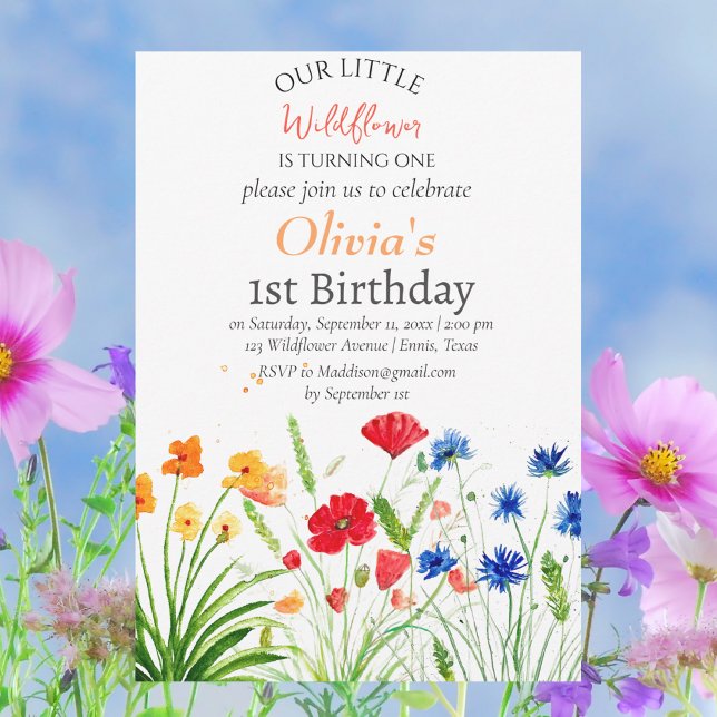 Wildflower 1st First Birthday Red Blue Floral  Invitation (Creator Uploaded)
