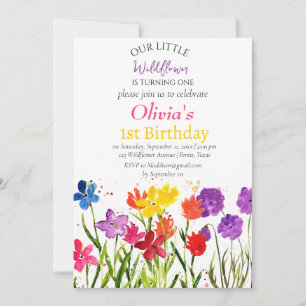 Wildflower 1st First Birthday Red Blue Floral Invitation