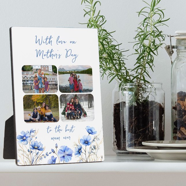 Wildflower 4 Photo Collage Floral Mother's Day Plaque (Mother's Day Photo Display for Mum with 4 photo collage, pretty flowers and editable wording)