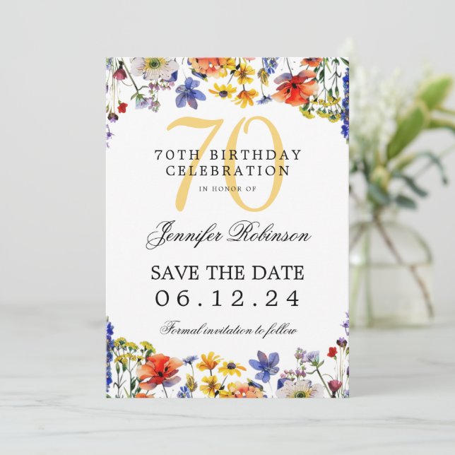 Wildflower 70 Birthday Party Save Date Details  Invitation (Standing Front)