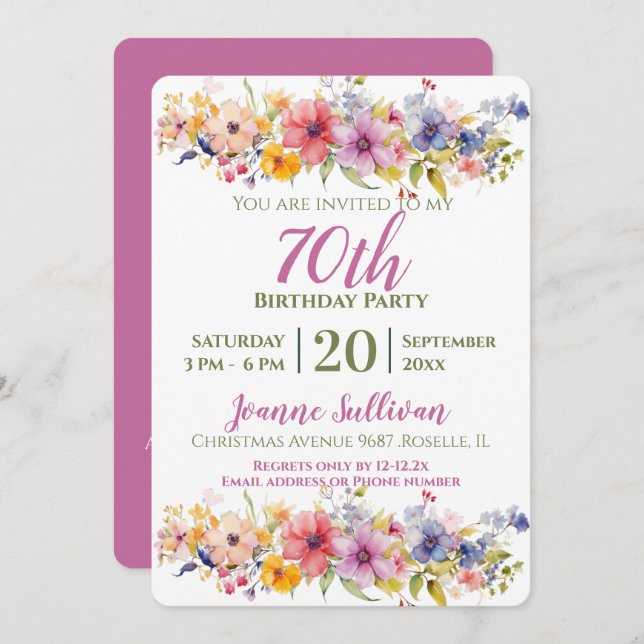 Wildflower 70th Birthday Invitation (Front/Back)