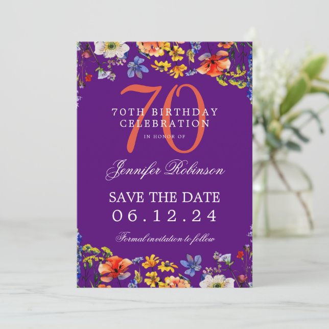 Wildflower 70th Birthday Save Date Details Purple  Invitation (Standing Front)