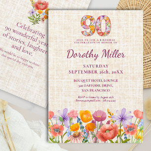 Wildflower 90th Birthday - Floral Number Party Invitation