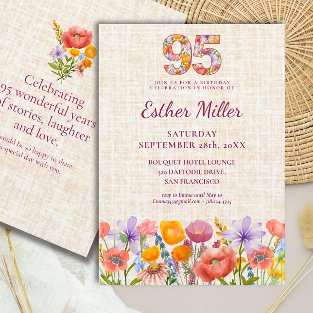 Wildflower 95th Birthday Party - Floral Number Invitation (Creator Uploaded)