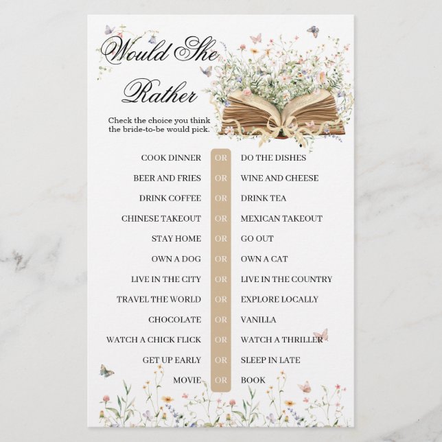 Wildflower A New Chapter Begin Bridal Shower Game (Front)