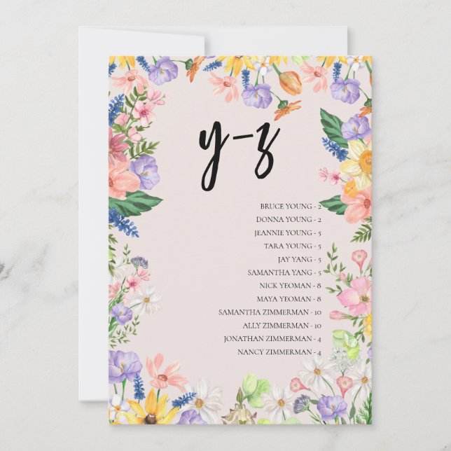Wildflower Alphabet Seating Chart Wedding Card (Front)