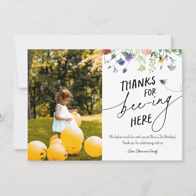 Wildflower and Bee Birthday Thank You Photo Card (Front)