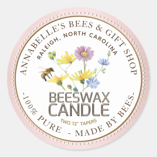 Wildflower and Bee Candle Label Rose Gold Border