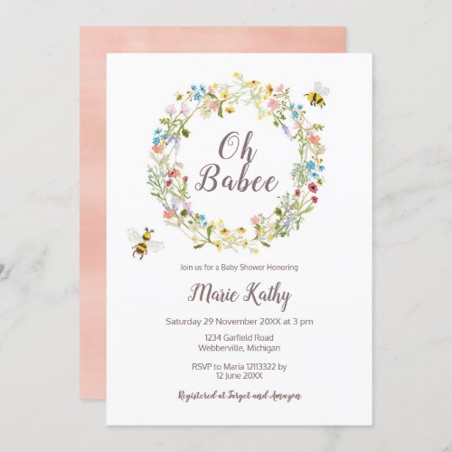 Wildflower and Bees Baby Shower Invitation