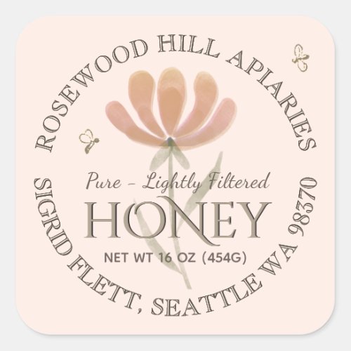 Wildflower and Bees Lightly Filtered Honey on Rose Square Sticker