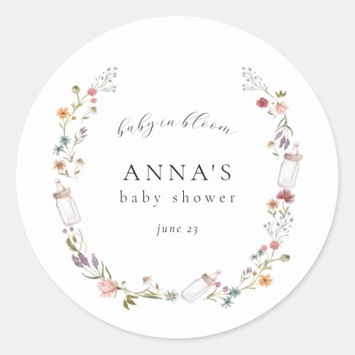 Wildflower and Bottle Wreath Baby Shower Classic Round Sticker