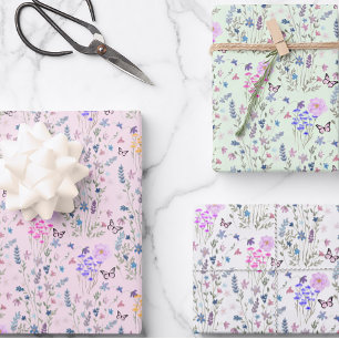 Wildflower and butterflies floral garden pink wrapping paper sheets