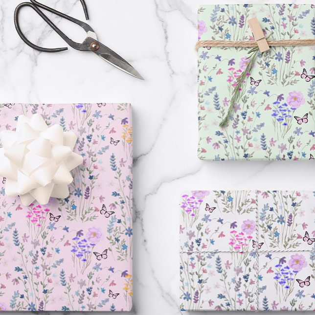 Wildflower and butterflies floral garden pink wrapping paper sheets (Creator Uploaded)