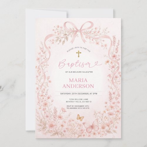 wildflower and butterfly Baptism Invite with Cross