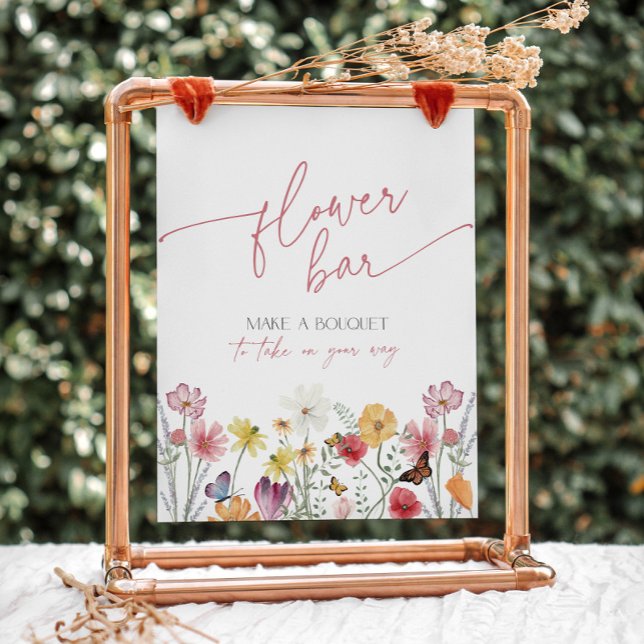 Wildflower and Butterfly Flower Bar Bouquet Favors Pedestal Sign (Wildflower and butterflies flower bar sign - make a bouquet to take on your way)