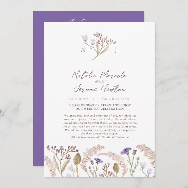 Wildflower and grasses watercolor wedding program (Front/Back)