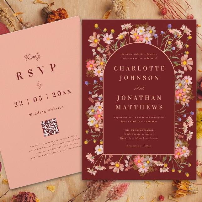 Wildflower Arch Boho Terracotta Fall Wedding Invitation (Wildflower arch elegant script burgundy terracotta fall wedding invitation with QR code)