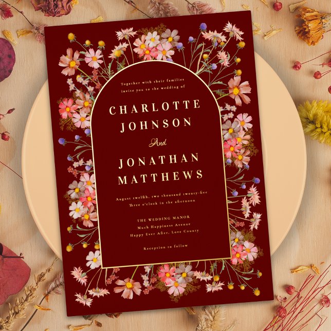 Wildflower Arch Fall Wedding Burgundy Gold Foil Invitation (Boho wildflower arch terracotta and gold foil script fall wedding invitation )
