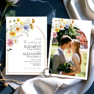 Wildflower Arch Gold Frame   Boho Photo Wedding Invitation