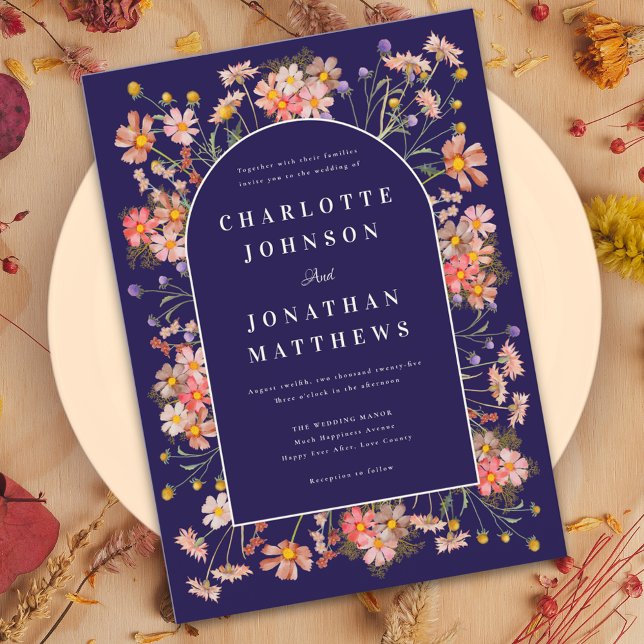 Wildflower Arch Navy Burnt Orange Fall Wedding Invitation (Wildflower arch elegant script navy blue burnt orange terracotta fall wedding invitation )