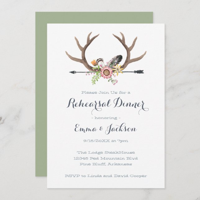 Wildflower Arrow and Antlers Rehearsal Dinner Invitation (Front/Back)
