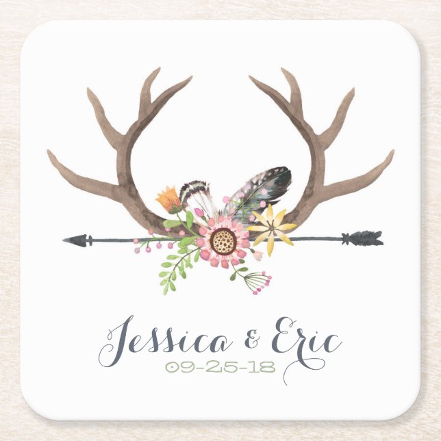 Wildflower Arrow and Antlers Square Paper Coaster (Front)
