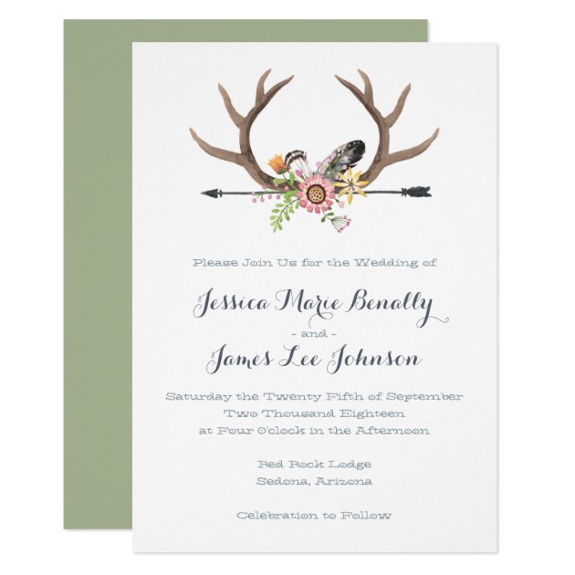 Wildflower Arrow And Antlers Wedding Invitation