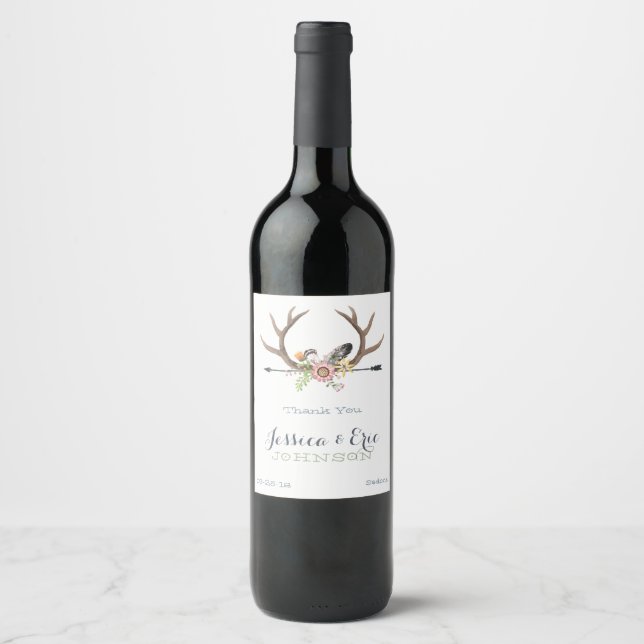 Wildflower Arrow and Antlers Wedding Wine Label (Front)