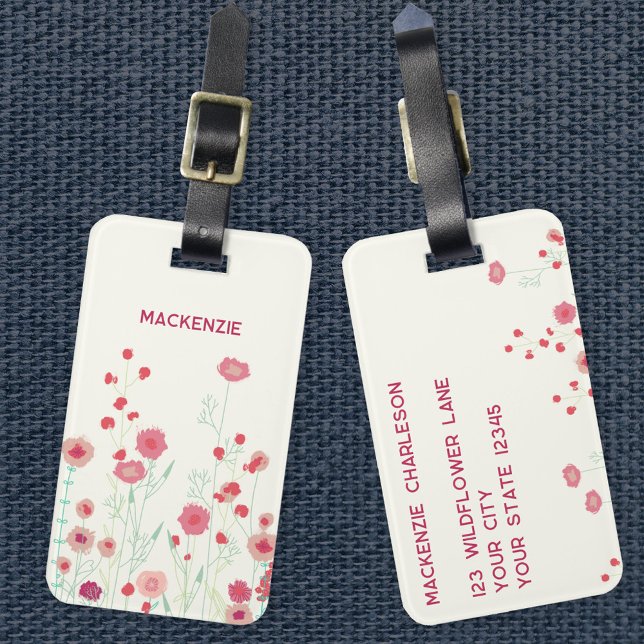 Wildflower Art Personalized Name  Luggage Tag (Modern wildflower floral botanical personalized custom name luggage tag)