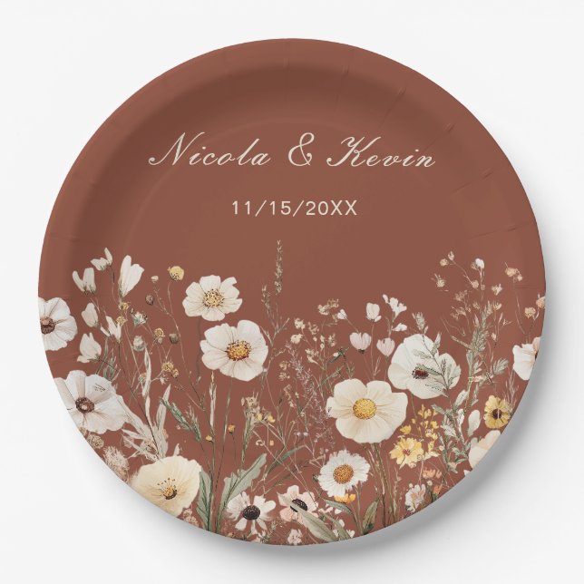 Wildflower Autumn Fall Floral Wedding Paper Plates (Front)