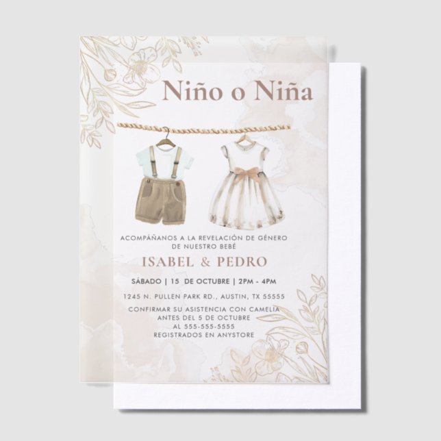 Wildflower Baby Clothes Spanish Gender Reveal Vellum Invitations (Offset)