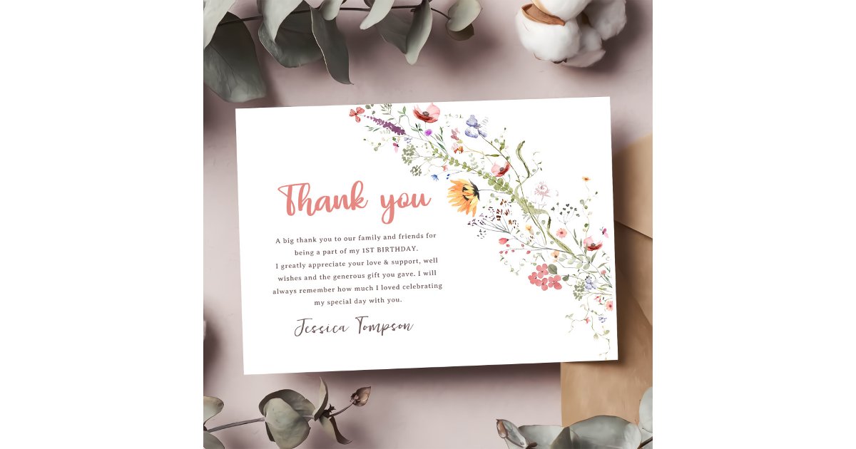 Wildflower Baby Girl 1st Birthday Party Thank You Card | Zazzle