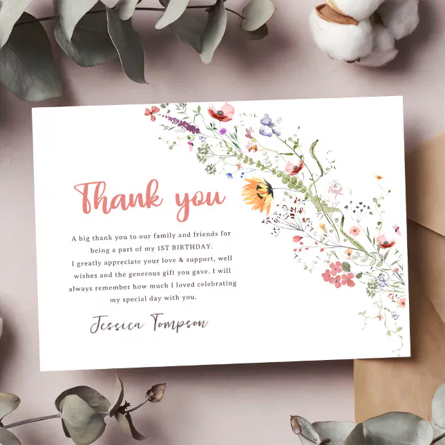 Wildflower Baby Girl 1st Birthday Party Thank You Card | Zazzle