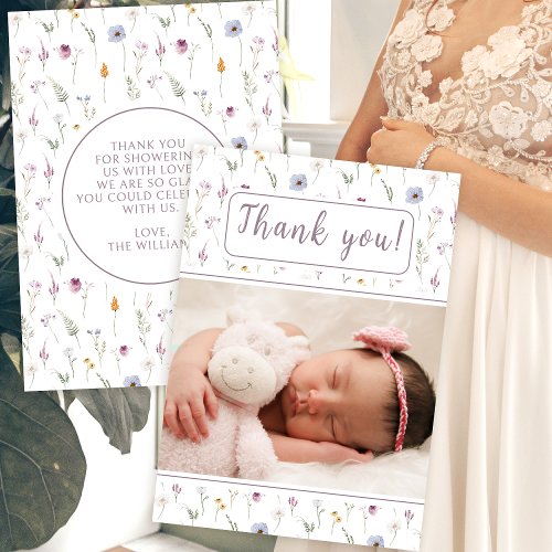 Wildflower baby girl shower photo thank you cards