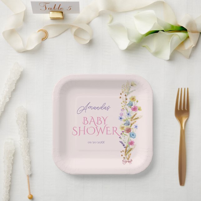 Wildflower baby girl shower pink paper plates (Wedding)