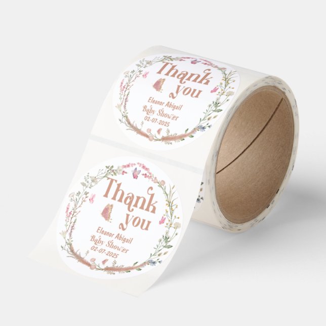 Wildflower Baby Girl Shower Thank You Custom Classic Round Sticker (Roll)
