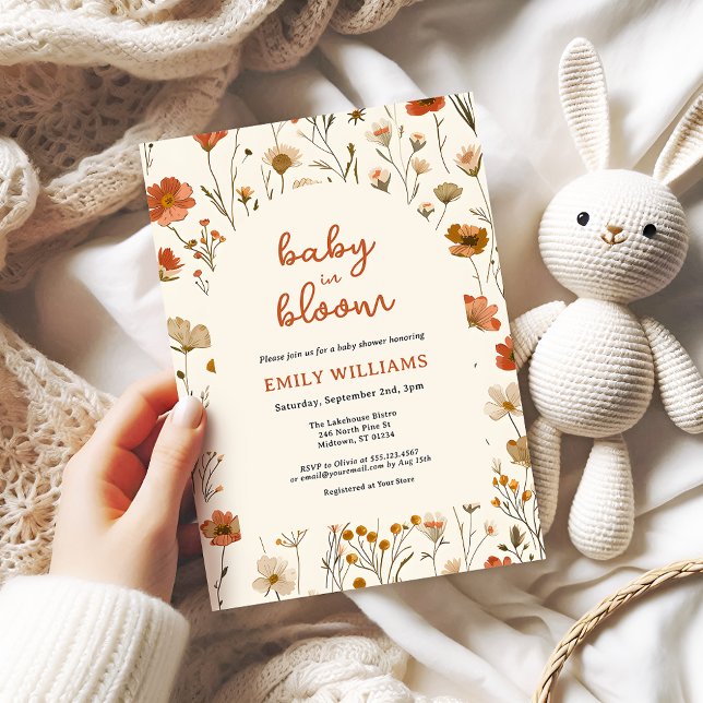 Wildflower Baby in Bloom Arch Fall Baby Shower Invitation (Baby in Bloom Fall Wildflower baby shower invitation with arch and whimsical script calligraphy.)