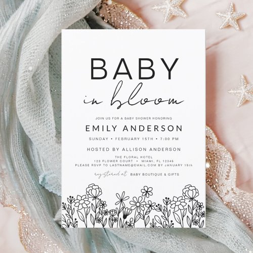 Wildflower Baby in Bloom Baby Shower Black White I Invitation