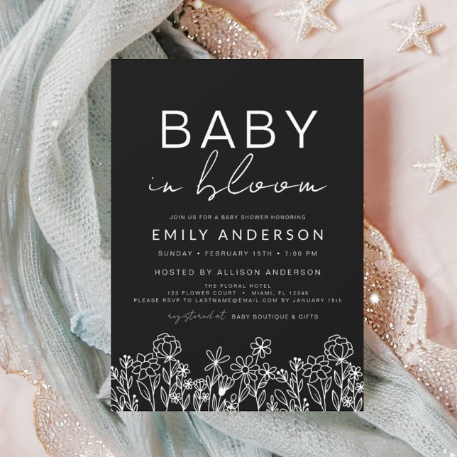 Wildflower Baby in Bloom Baby Shower Black White Invitation (Creator Uploaded)