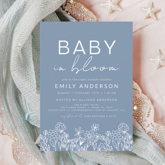 Wildflower Baby in Bloom Baby Shower Dusty Blue Invitation (Creator Uploaded)