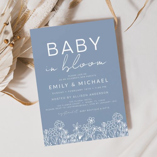 Wildflower Baby in Bloom Baby Shower Dusty Blue Invitation