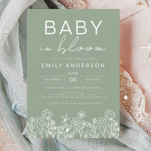 Wildflower Baby in Bloom Baby Shower Sage Green Invitation