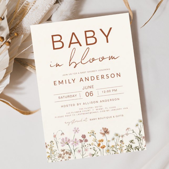 Wildflower Baby in Bloom Baby Shower Terracotta Invitation (Creator Uploaded)