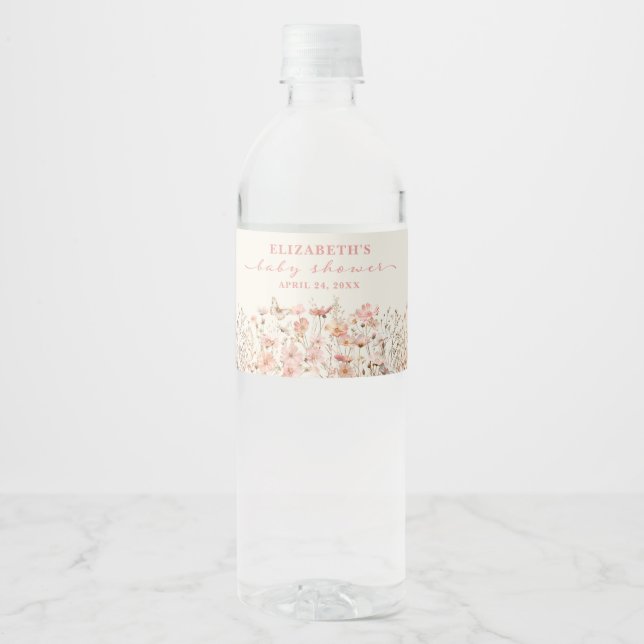 Wildflower Baby in Bloom Girl Baby Shower Water Bottle Label (Front)